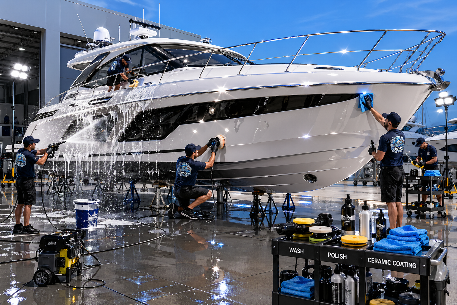 Sport flybridge cruiser on blue water
