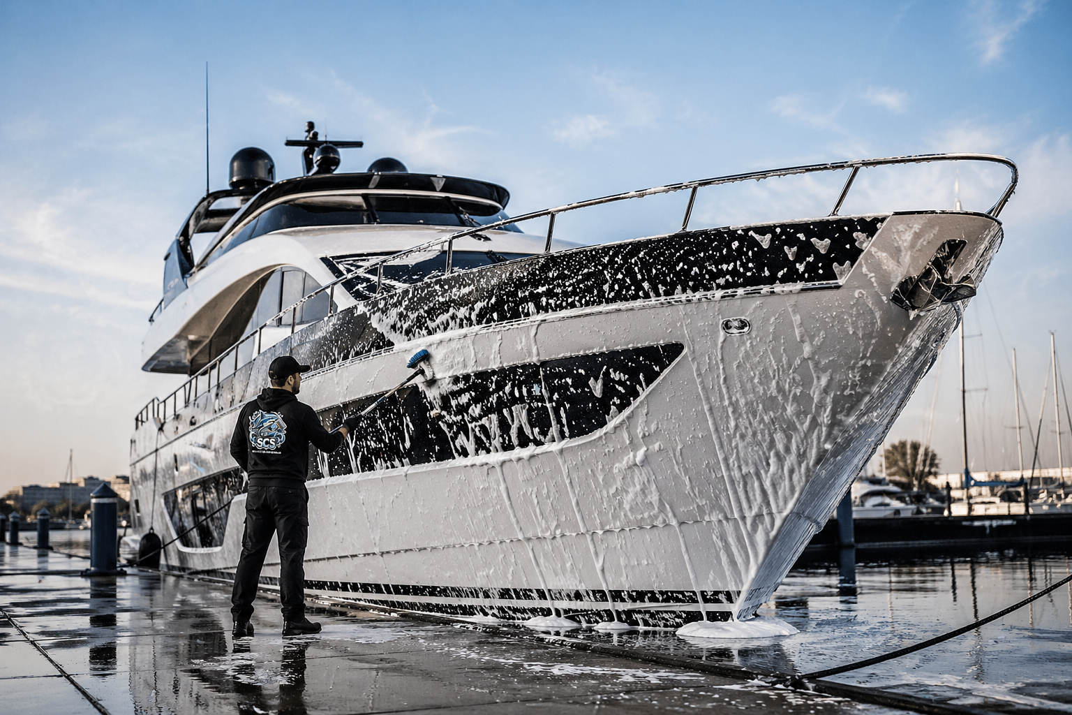 SCS detailer hand-washing a vehicle with marine-grade foam soap